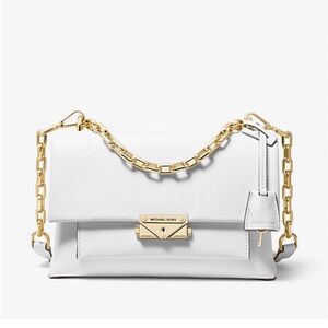 Michael Kors Cece Medium White Leather Shoulder Bag with Gold Chain
